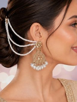 Fabula - Champagne Colour Kundan and Pearls Drop Earrings with Hair Chain
