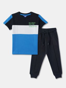 R&B - Boys Blue Colorblock Cotton T-Shirt with Pant