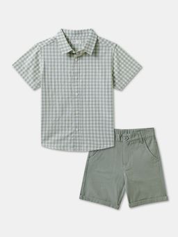 R&B - Boys Green Checks Cotton Shirt with Shorts