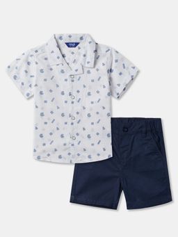 R&B - Boys Navy Blue Geometric Cotton Shirt with Shorts