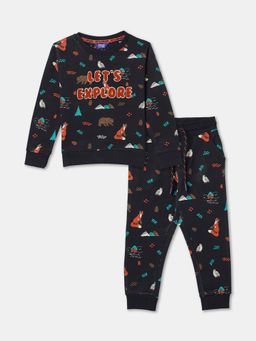 R&B - Boys Black Graphic Cotton Sweatshirt with Joggers