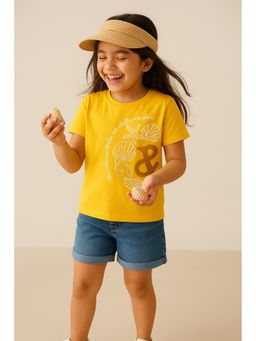 Tales & Stories - Girls Yellow Embroidered Lycra T-Shirt