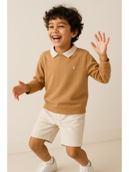 Tales & Stories - Boys Beige Solid Cotton Polo T-Shirt