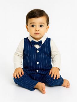 Nautinati - Boys Navy Blue Stripes Cotton Shirt with Waistcoat and Pant Set