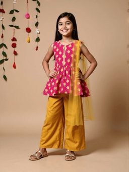 Nautinati - Girls Pink Floral Cotton Peplum Kurta with Pant and Dupatta