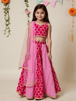 Nautinati - Girls Pink Floral Cotton Top with Lehenga and Dupatta