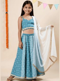 Nautinati - Girls Blue Printed Cotton Crop Top with Lehenga and Dupatta