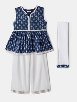 Nautinati - Girls Navy Blue Printed Cotton Peplum Top with Palazzo and Dupatta