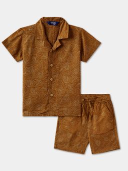 R&B - Boys Brown Floral Cotton Shirt with Shorts