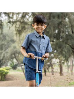ZACH & KIKI - Boys Blue Colorblock Cotton Shirt