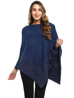 Taurus - Navy Blue Woven Flat Knit Poncho For Women