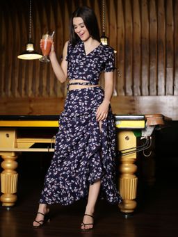 Sera - Women Navy Blue Floral Crop Top with Skirt