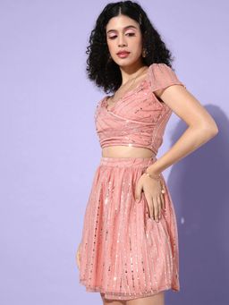 Sera - Women Pink Embellished Crop Top with Skirt
