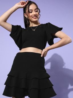 Sera - Women Black Solid Crop Top with Skirt