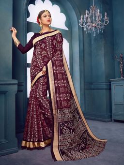 Akhilam - Womens Bhagalpuri Silk Burgundy Printed Designer Saree with Unstitched Blouse