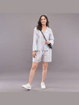 FELRIO - Candy Striped Blue Cotton Lounge Shirt with Shorts