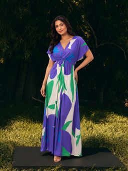 Poppi - Aster Blue Printed V-Neck Dress