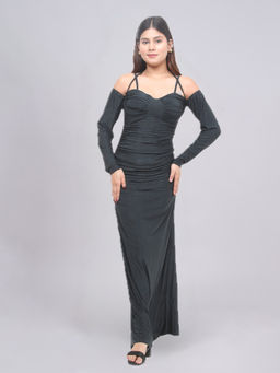 Fimonaa - Shimmering Ruched Off-Shoulder Midnight-Green Evening Gown