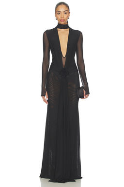 David Koma - V-Neck Long Sleeve Mesh Gown