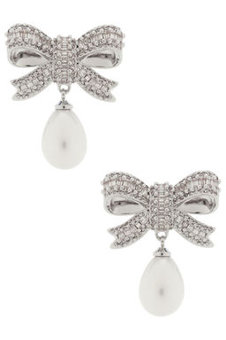 self-portrait - Crystal Bow Pearl Droplet Earrings