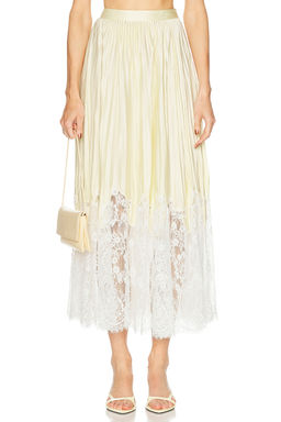 self-portrait - Yellow Satin Lace Midi Skirt