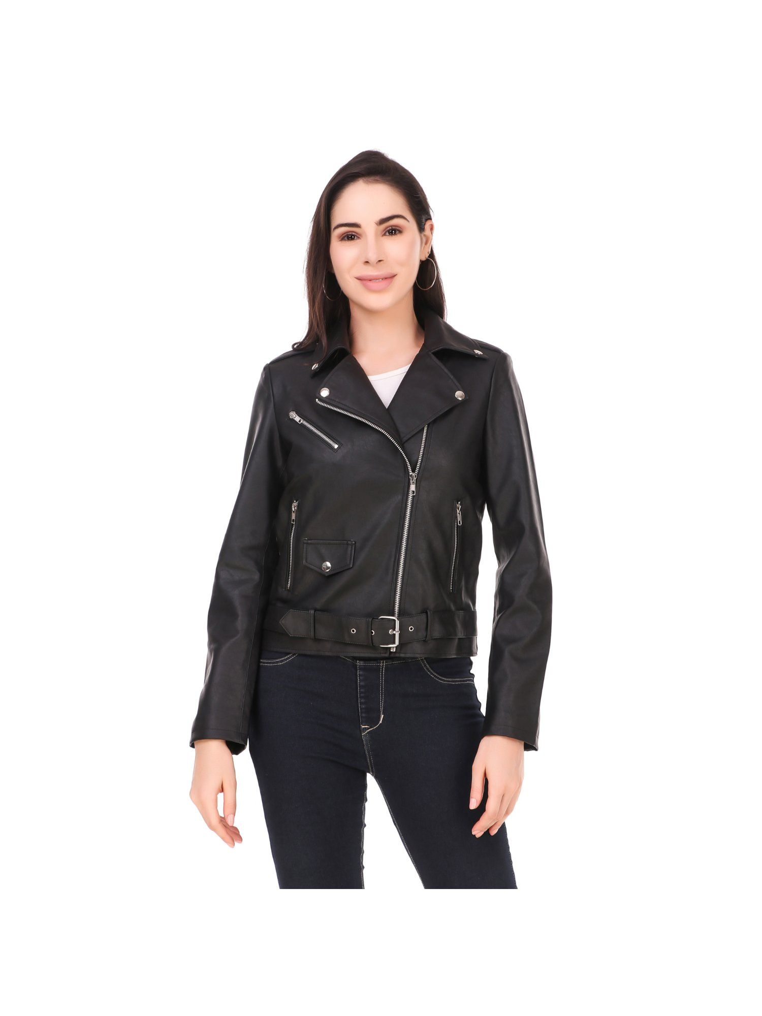 leather retail Women Full Sleeve Solid Jacket for Black Biker Style-picture-15