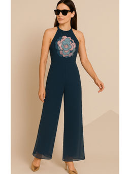 Galocher Clothing - Thread Embroidered Floral Navy Blue Jumpsuit
