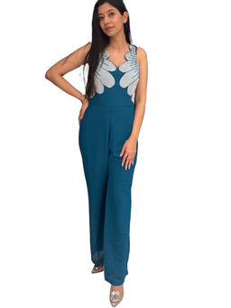 Galocher Clothing - Teal Scallop Fabric Applique Party Wear Jumpsuit