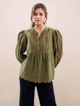 Zink London - Women Olive Embroidered Top