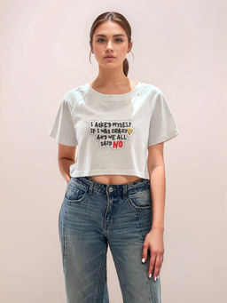 Zink London - Women White Typography Crop T-Shirt