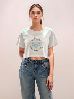 Zink London - Women White Graphic Crop T-Shirt