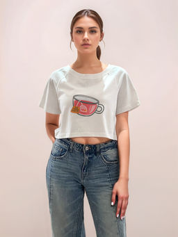 Zink London - Women White Graphic Crop T-Shirt