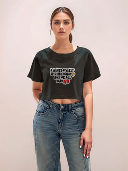 Zink London - Women Black Typography Crop T-Shirt