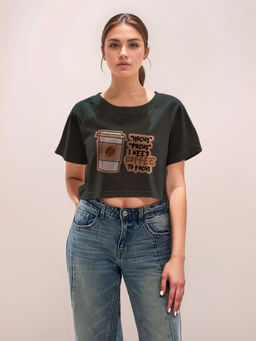 Zink London - Women Black Graphic Crop T-Shirt