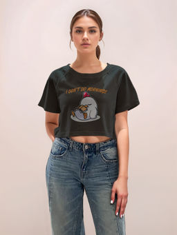 Zink London - Women Black Graphic Crop T-Shirt