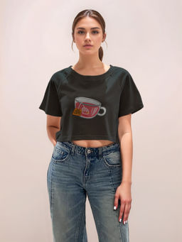 Zink London - Women Black Graphic Crop T-Shirt
