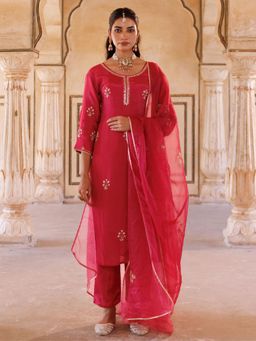 Bannhi - Deep Pink Silk, Hand Embroidered Kurta With Pant and Dupatta