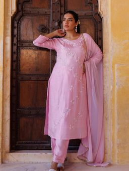 Bannhi - Pink Silk, Hand-Embroidered Kurta With Pant and Dupatta