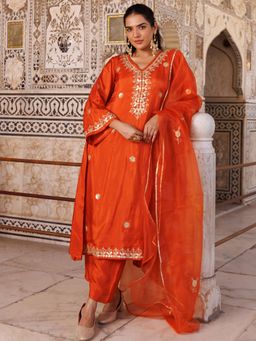 Bannhi by Priyanka Rathore - Rust Silk Gota Patti Work Kurta With Pant and Dupatta
