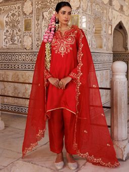 Bannhi by Priyanka Rathore - Red Silk, Hand Embroidered Kurta With Pant and Dupatta