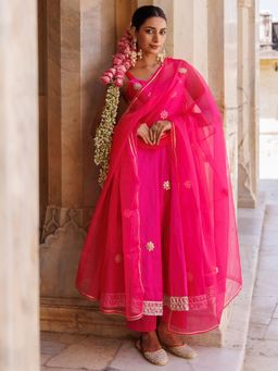 Bannhi - Hot Pink Taffeta Silk, Gota Patti Work Anarkali With Pant and Dupatta