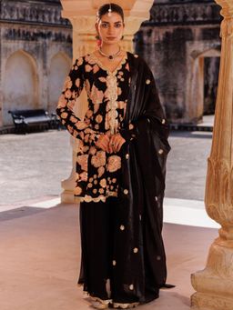 Bannhi by Priyanka Rathore - Black Crepe Embroidered Kurta With Sharara and Dupatta