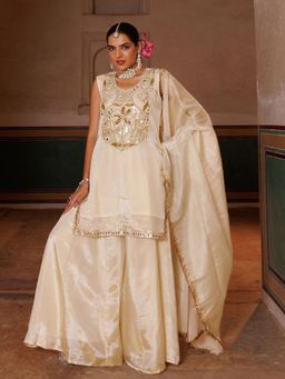 Bannhi - Ivory Tissue Georgette Handwork Embroidered Kurta With Sharara and Dupatta