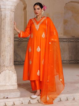 Bannhi by Priyanka Rathore - Orange Cotton Silk, Gota Patti Work Kurta With Pant and Dupatta