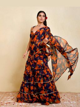 Bannhi by Priyanka Rathore - Blue Pushp Pre-Stitched Saree With Stitched Blouse