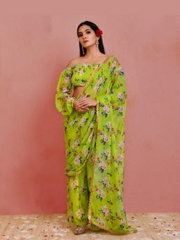 Bannhi by Priyanka Rathore - Green Jhilmil Pre-Stitched Saree With Stitched Blouse