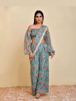 Bannhi by Priyanka Rathore - Blue Mehek Pre-Stitched Saree With Stitched Blouse