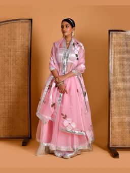 Bannhi - Pink Gulaab Hand Painted Lehenga with Stitched Blouse and Dupatta