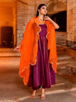 Bannhi - Purple Aari Embroidered Anarkali With Pant and Dupatta