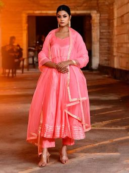Bannhi by Priyanka Rathore - Pink Kashmira Uppada Silk Anarkali With Pant and Dupatta